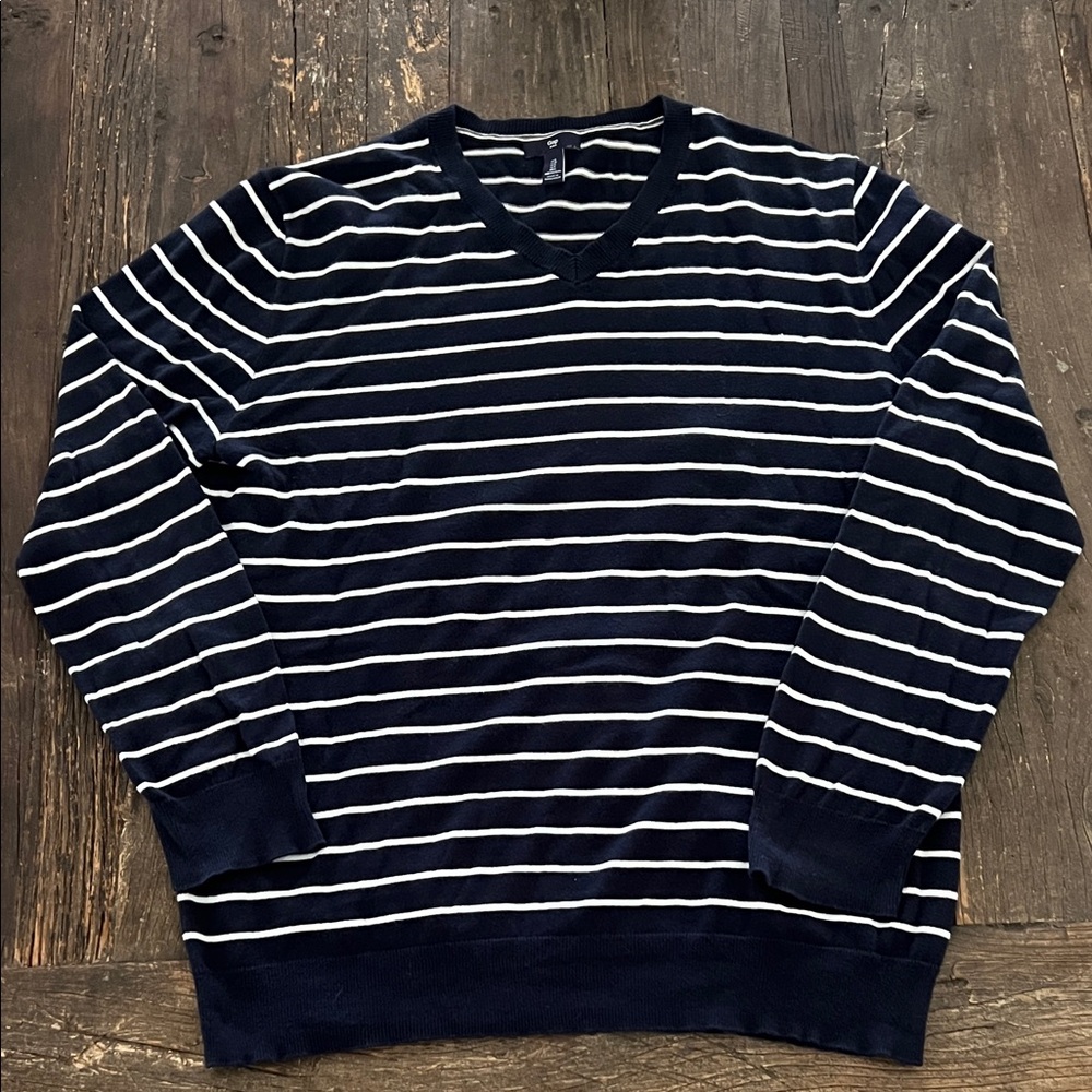 GAP Men's V-Neck Sweater in Navy and White Stripes